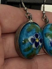 Old Rostov Finift (?) Silver & Hand Painted Domed Porcelain Dangle Earrings