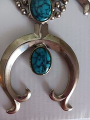Vintage Goldette Squash Blossom Faux Turquoise Necklace 25″ 1970’s Southwestern