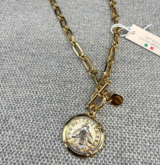 Mia Fiore Necklace Dyadema 18K Gold Plated Coin Pendant Italy Paperclip Chain