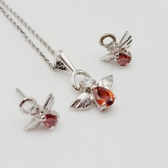 Red Rhinestone Guardian Angel Necklace Earring Set with Card Vintage 1990s
