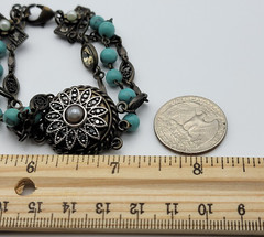 Vintage Charm Chain Bracelet Brass-Tone Crystal Faux-Turquoise And Pearl 8.5 In