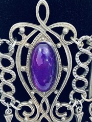 Vintage French DLH DEPOSE Necklace Bib Statement Pewter Purple 14.5″ Costume