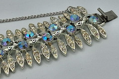 Vintage Francois Bracelet & Clip Earrings Set Silver Tone Blue Iridescent Stones
