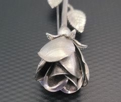 Vintage Single ROSE BROOCH PIN Silver Long Stem with 2 Leaves 3.75″ inches