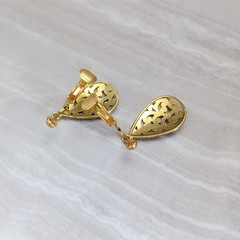 Vintage Clip On Earrings Gold Tone Ornate Cut Out Teardrop Shape Dangle Drop
