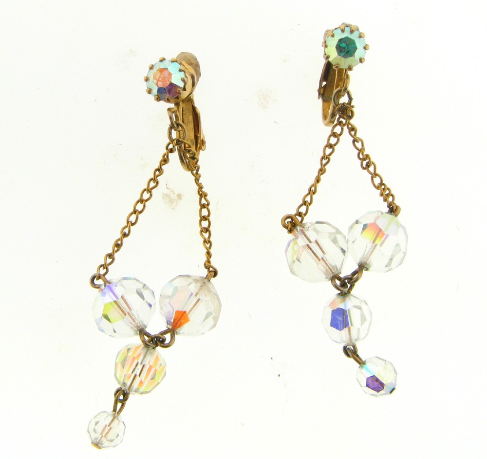 Vintage Gold Clear AB Faceted Crystal Drop Link Tassel Dangle Clip On Earrings