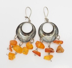 Vintage handmade traditional melchior and Baltic amber dangle earrings