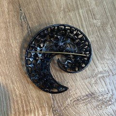 Vintage Jet Black Rhinestone Filigree Brooch Japanned Signed M Jent 2”x2.5”