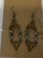 Used Vintage Gold Dangle Earrings With Blue Color Stone