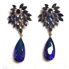 Vtg Gold Tone Color Change Blue Purple Teardrop Dangle Earrings Runway Statement