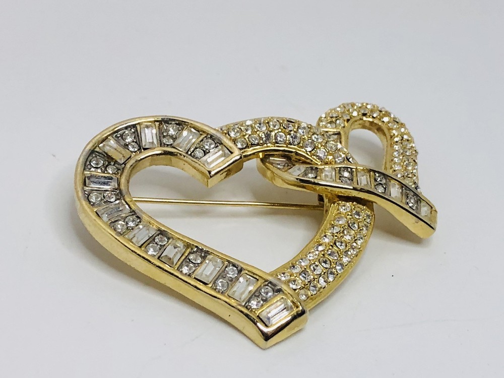 Vintage 2 Heart shaped Baguette ￼Crystal booch