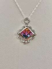 Vintage Rainbow Color Faceted Square Sterling 925 Diamond Shape Pendant Necklace