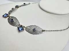 Victorian Art Deco White Metal Blue Glass Filigree Link Necklace Delicate Read