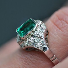 Art Deco Inspired East West Ring 2.3 Ct Simulated Emerald 14k White Gold Over