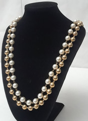 Vintage Necklace Faux Pearl 2 STRAND and Gold Bead Heavy Necklace 26 in