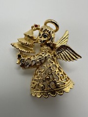 Antique Gold Angel Christmas Tree Blue Rhinestone Brooch 4.5cm BB2
