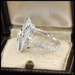 Art Deco Vintage Lab Created Diamond & Sapphire 14K White Gold FN Wedding Ring