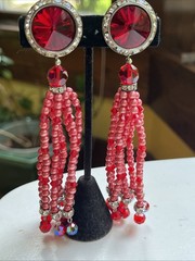 Vintage Super Long Dangle Drop Red Crystal Rivoli Pink Pearl Clip On Earrings
