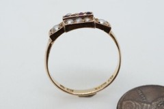 PRETTY ANTIQUE VICTORIAN ENGLISH 15K GOLD RUBY & PEARL RING c1872