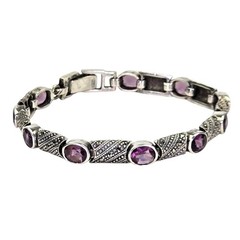Vintage Sterling Silver Amethyst Marcasite Gemstone Art Deco Link Bracelet