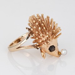 70s Vintage Hedgehog Ring 14k Yellow Gold Pearl Sapphire Eyes Sz 4.5 Jewelry