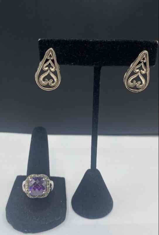Sterling Silver 925 Amethyst Marcasite Ring Size 7.25 & 900 Silver Earrings Set