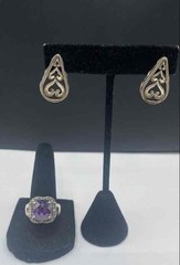Sterling Silver 925 Amethyst Marcasite Ring Size 7.25 & 900 Silver Earrings Set