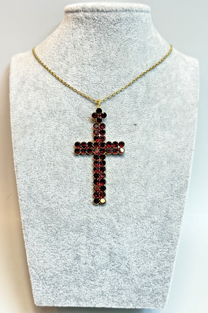 Antique Art Deco Gild Gold Table Cut Bohemian Garnets Cross Neck Pendant 2.75”