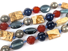 Vtg Natural Stone and Glass Silver Tone Hand Knotted Bead Necklace Blue Brown