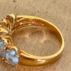 Gold Tone Costume Ring w Channel Set Blue Stones, China Sz 8.75