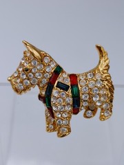 Vintage Scottie Terrier K.J.L I’m Clear Rhinestone Brooch Red Green Harness