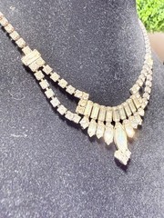 Vintage Rhinestone Statement Necklace Clear Crystal Drop Bib 14” Lot#1636