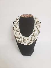 Vtg 1980-90s Statement White Beads/ Gold Metal Bib Braided Neclace Chunky Boho
