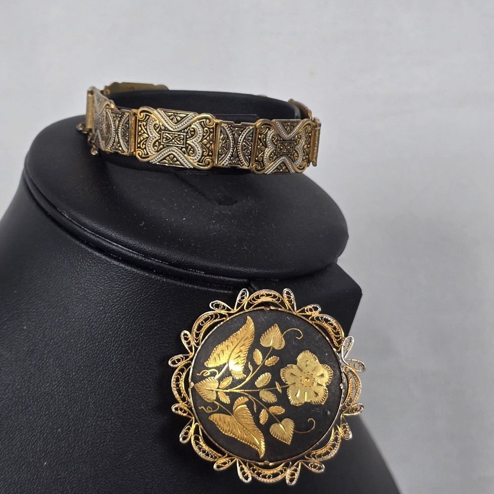 Antique Gold -Tone & Black Damascene Spain Brooch & Bracelet Floral Motif Ornate