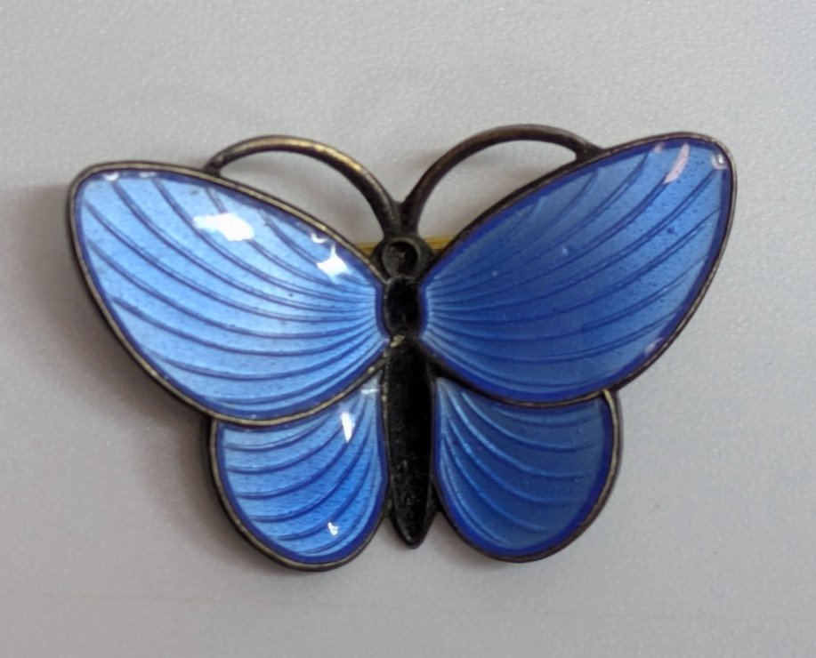 VTG Blue Guilloche Enamel Wing Norway Sterling Silver 925 Butterfly 1 1/8″ Pin