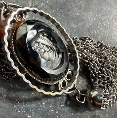 Vintage 30″ Silver Tone Double Strand Glass Cameo & Tassel Pendant Necklace