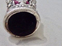 VINTAGE SILVER PLATE CROWN CHARM RED MATERIAL & SILVER 1 1/8″ MINIATURE CROWN