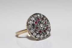 Antique Circa 1900s 18k Gold Top Silver Natural Diamond And Cabochon Ruby Ring