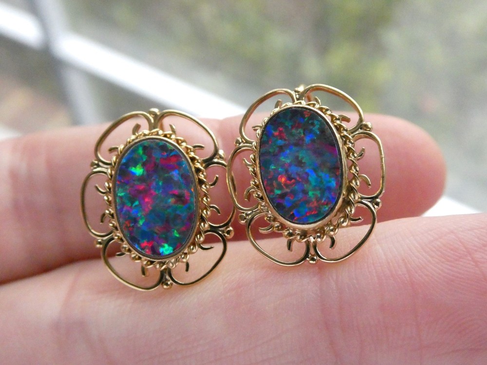 Antique ARA Art Deco 9k Yellow Gold Opal Doublet Screwback Earrings 4.3g .75 In