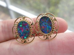 Antique ARA Art Deco 9k Yellow Gold Opal Doublet Screwback Earrings 4.3g .75 In