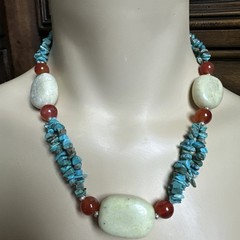 LJ Beaded Necklace 18 Inch Turquoise Carnelian Mutton Fat 925 Sterling 76.7g