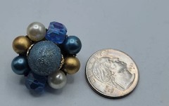 Vintage Cluster Beaded Clip On Earrings Blue Gold White Matte Shiny Beads