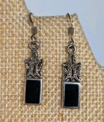 Vintage Sterling Silver 925 Art Deco Style Marcasite Black Onyx Dangle Earrings