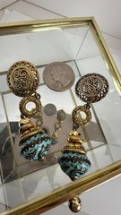 Vintage Gold Tone Clip On Earrings Turquoise Bead Ethnic Boho Dangle