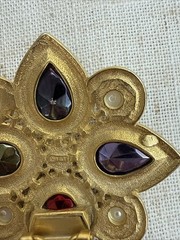 Vintage @TAT Multicolor Rhinestone Brooch – Faux Pearl Gold Tone Statement Pin