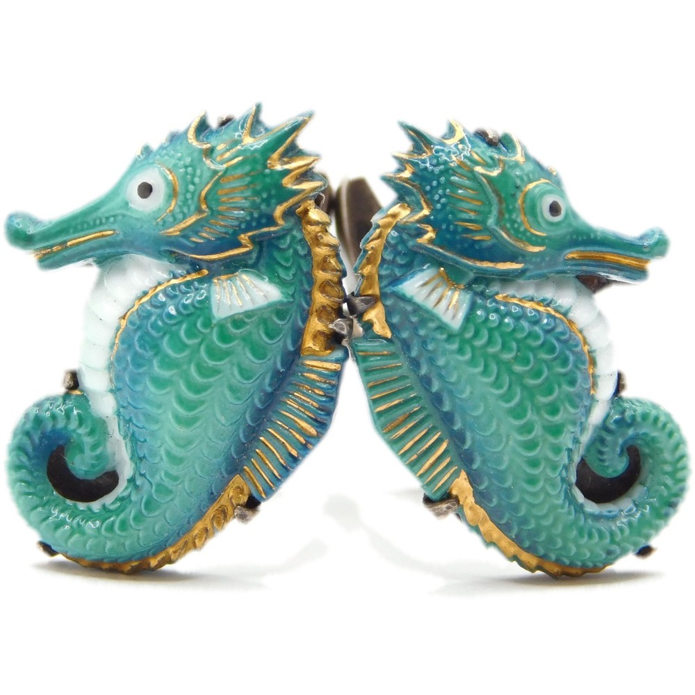 WHIMSICAL VINTAGE JAPANESE SEAHORSE ENAMEL CUFFLINKS, SILVER & ARITA PORCELAIN