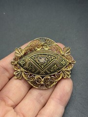 Damascene Brooch Black Gold Tone Vintage Trombone Clasp Filigree Bird Floral 2”L