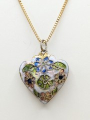 Vintage Cloisonne Floral Puffy Heart Pendant Gold Tone Necklace