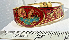 Cloisonne Enamel Bracelet Hinged Bangle Push-in Clasp Floral on Black