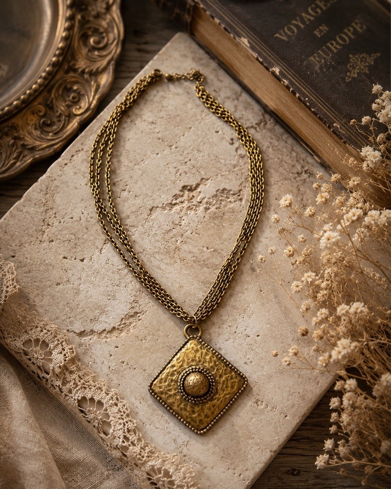 Vintage Hammered Brass Tone Geometric Pendant Necklace Artisan Brutalist